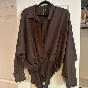 Oversized Boyfriend Shirt Bodysuit in Chocolate
Norma Kamali